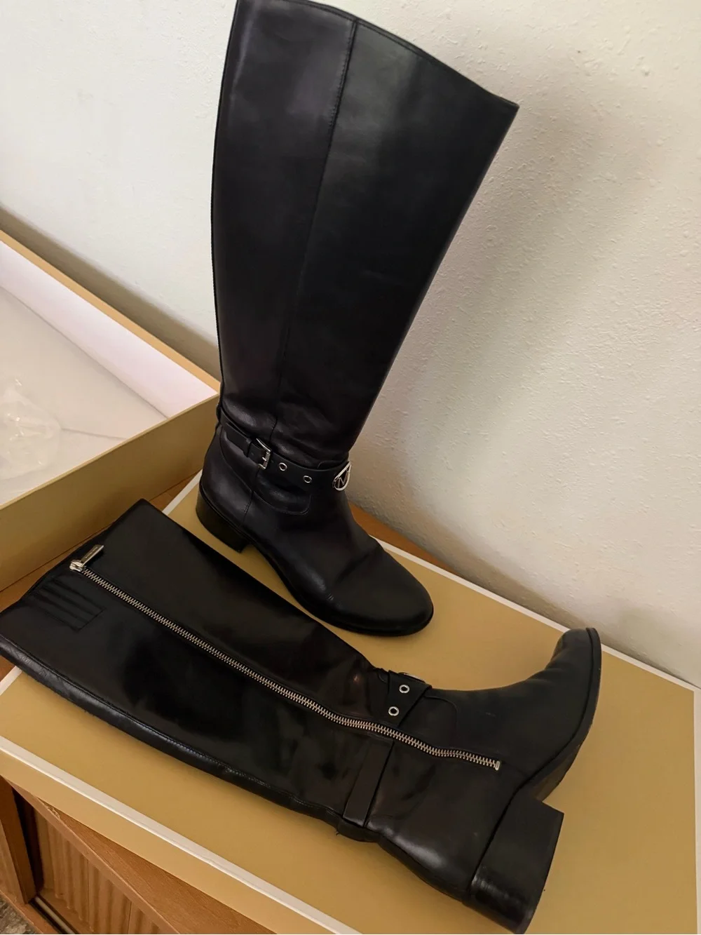 MICHAEL Michael Kors Black Tall Leather Logo Knee Boots